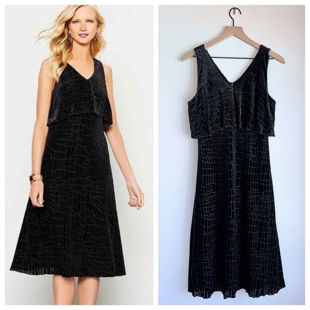 H by Halston Velvet Burnout Flounce Sleeveless Dress in Black Crocodile Size 2